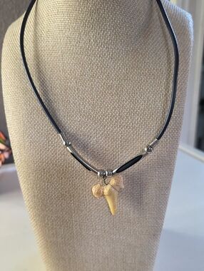 Fossilized Shark Tooth Pendant Necklace in Black and Cream